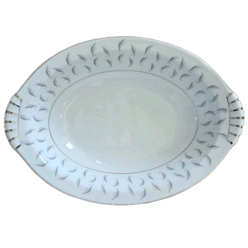 Kent Japan Normandy Oval Vegetable Bowl 11.5 Blue Gray Leaves Silver Elegance